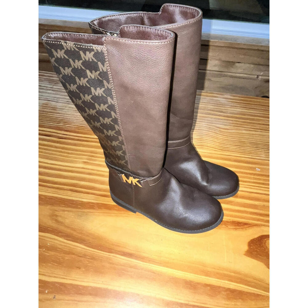 Michael Kors Girl's Riding Boot Black/Brown  Zip Gold MK Logo Size 1